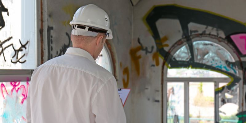 insurance adjuster at job site in white hardhat with clipboard